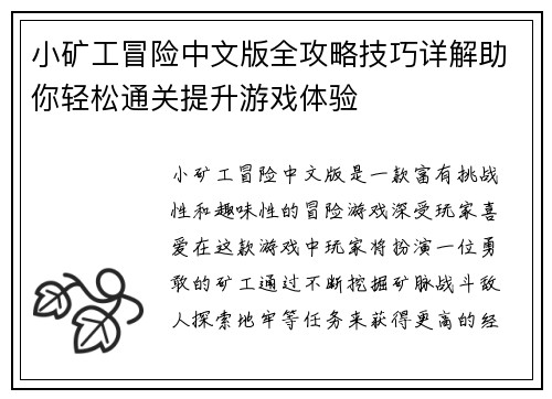 小矿工冒险中文版全攻略技巧详解助你轻松通关提升游戏体验